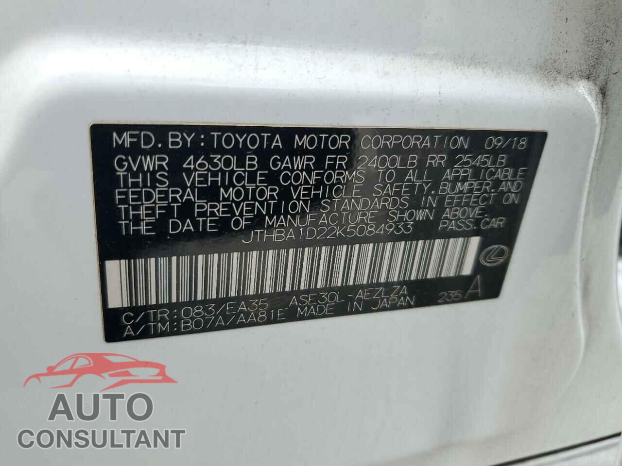 LEXUS IS 2019 - JTHBA1D22K5084933