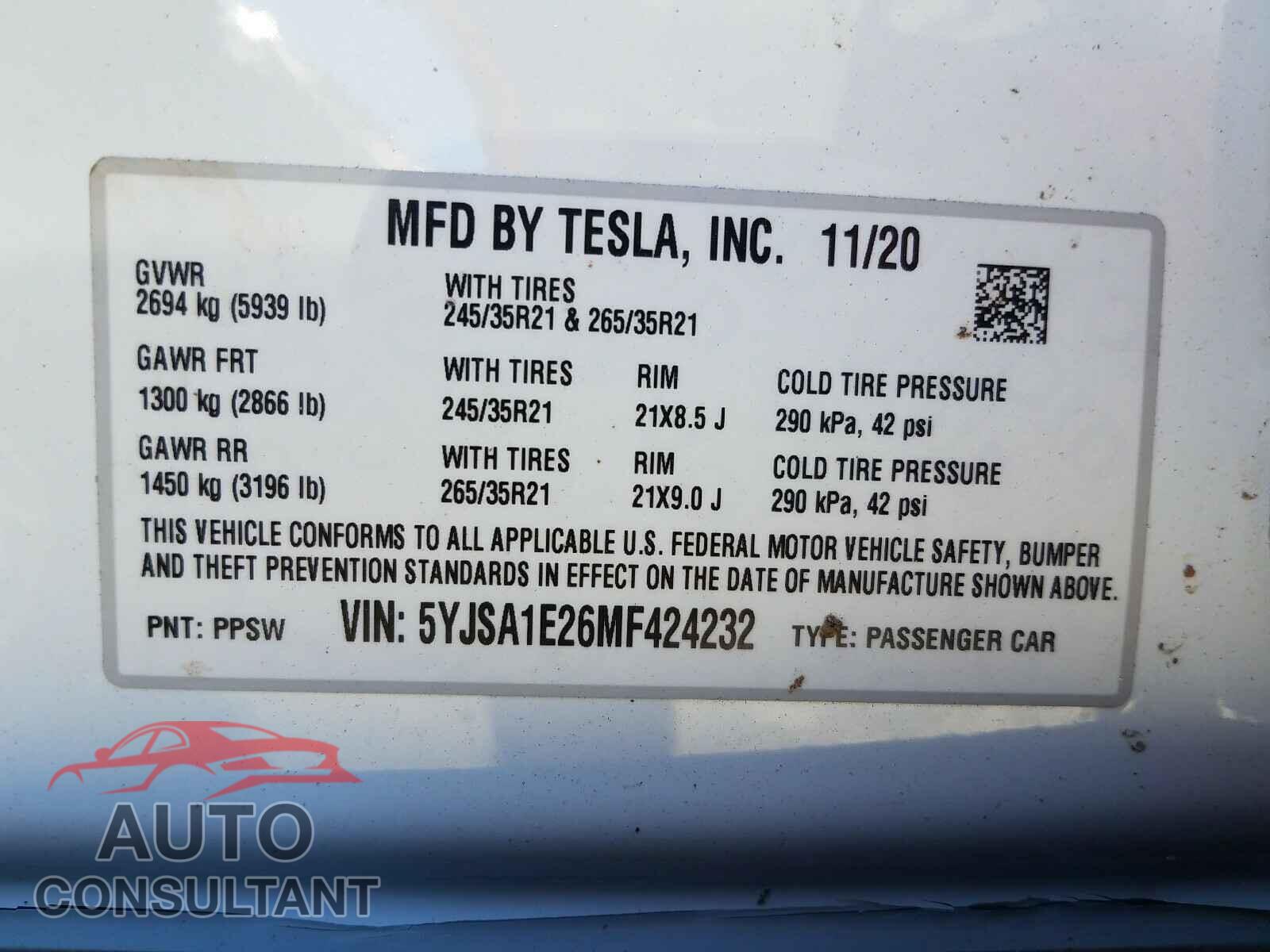 TESLA MODEL S 2021 - 5YJSA1E26MF424232