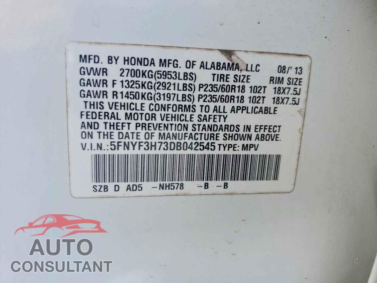 HONDA PILOT 2013 - 5FNYF3H73DB042545