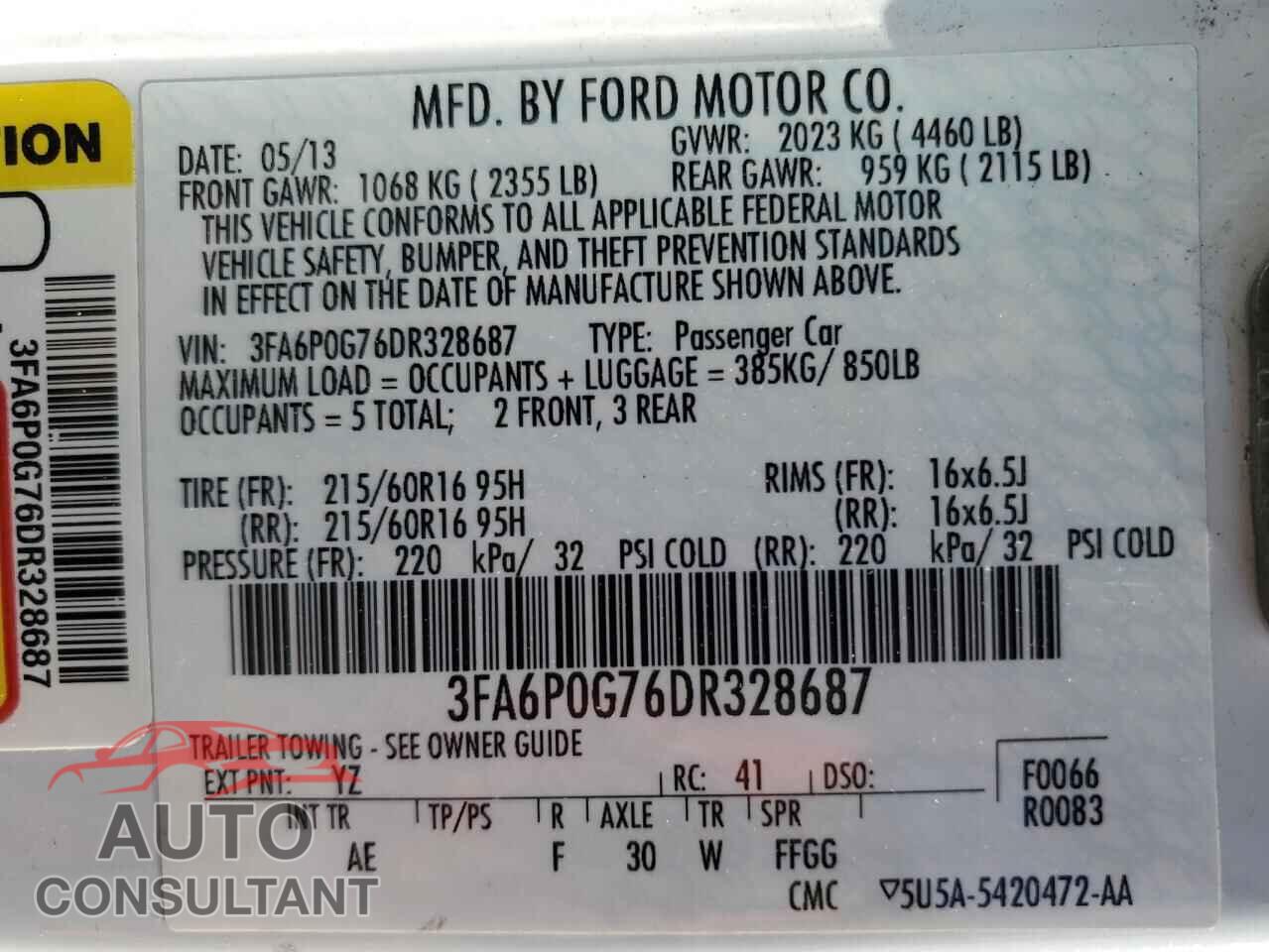 FORD FUSION 2013 - 3FA6P0G76DR328687