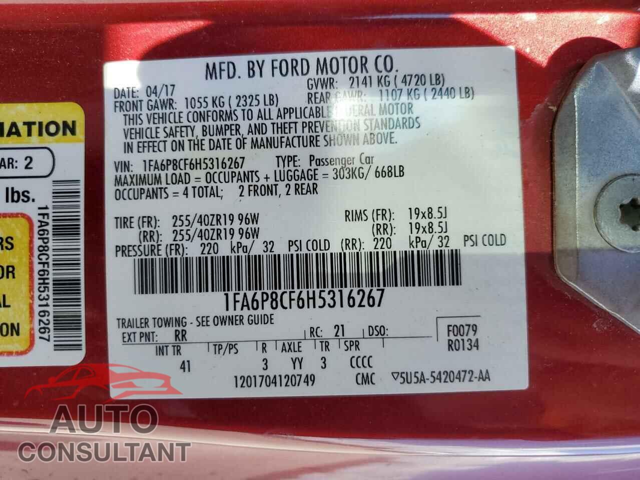 FORD MUSTANG 2017 - 1FA6P8CF6H5316267