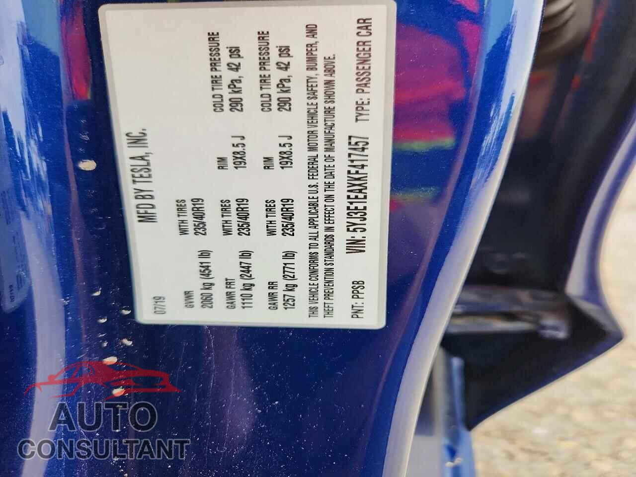 TESLA MODEL 3 2019 - 5YJ3E1EAXKF417457