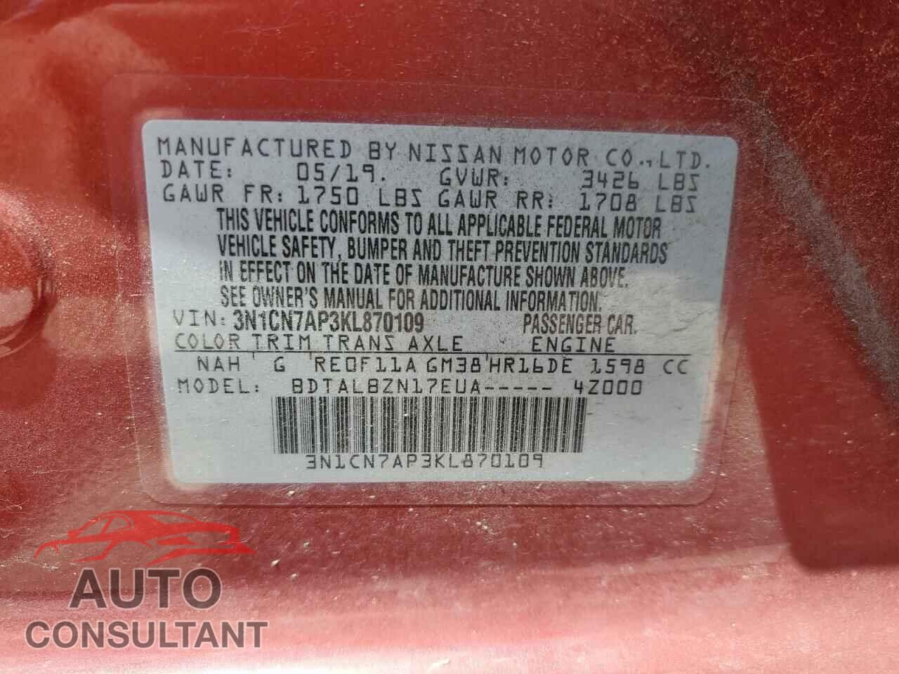 NISSAN VERSA 2019 - 3N1CN7AP3KL870109