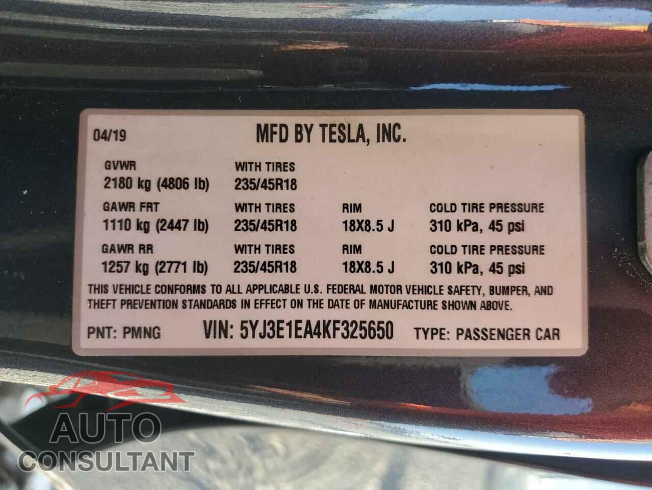 TESLA MODEL 3 2019 - 5YJ3E1EA4KF325650