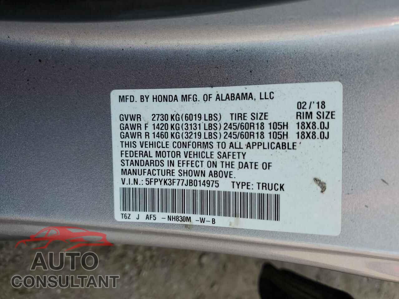 HONDA RIDGELINE 2018 - 5FPYK3F77JB014975