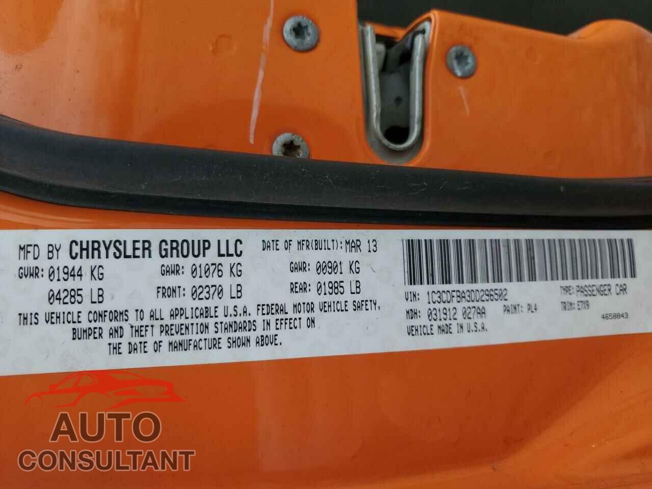 DODGE DART 2013 - 1C3CDFBA3DD296502
