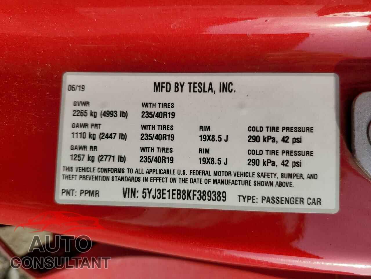 TESLA MODEL 3 2019 - 5YJ3E1EB8KF389389