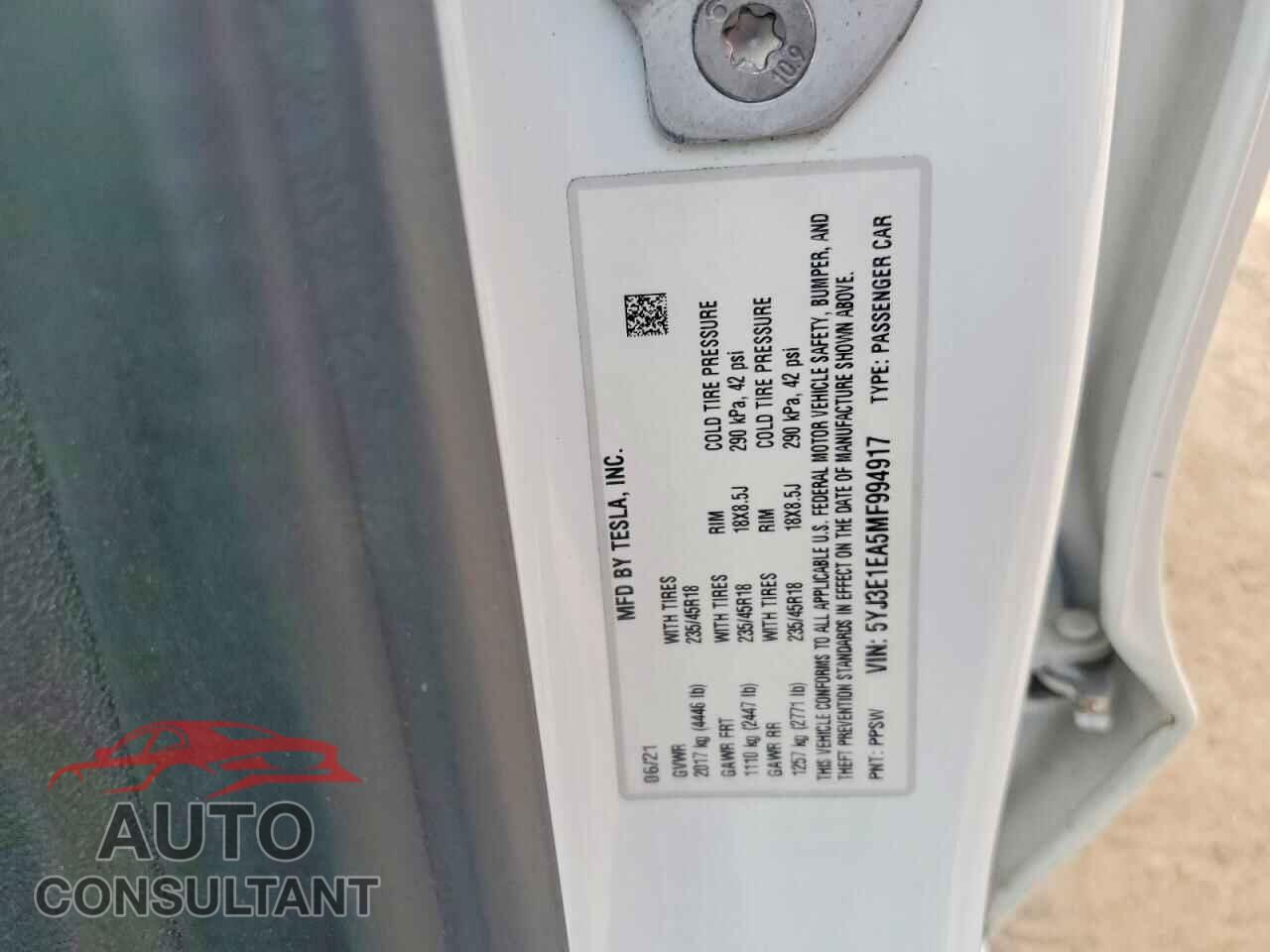 TESLA MODEL 3 2021 - 5YJ3E1EA5MF994917