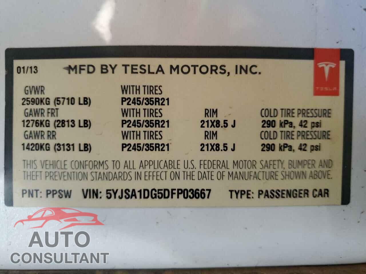 TESLA MODEL S 2013 - 5YJSA1DG5DFP03667