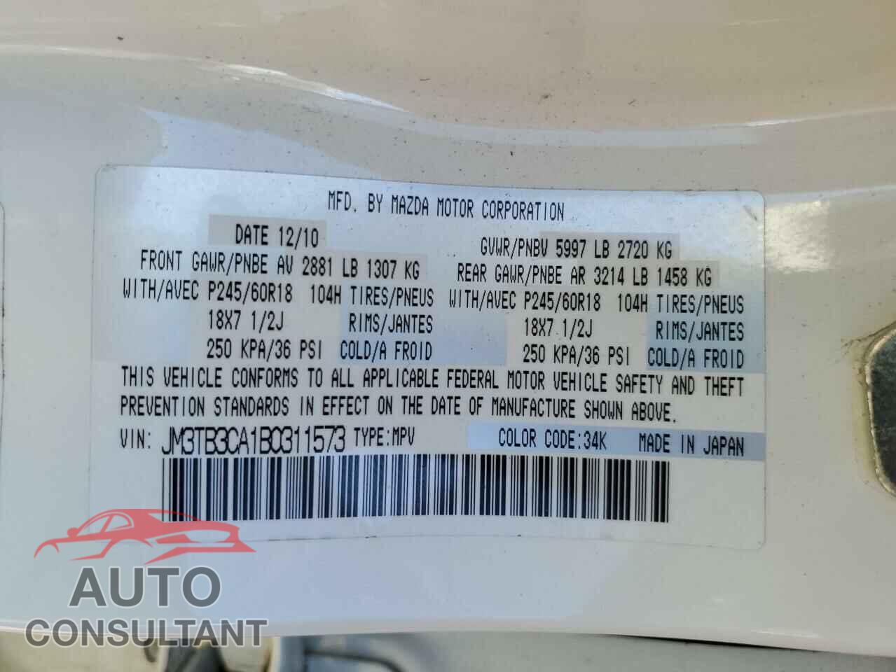 MAZDA CX-9 2011 - JM3TB3CA1B0311573