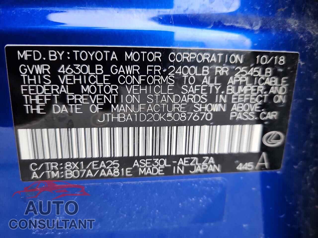 LEXUS IS 2019 - JTHBA1D20K5087670