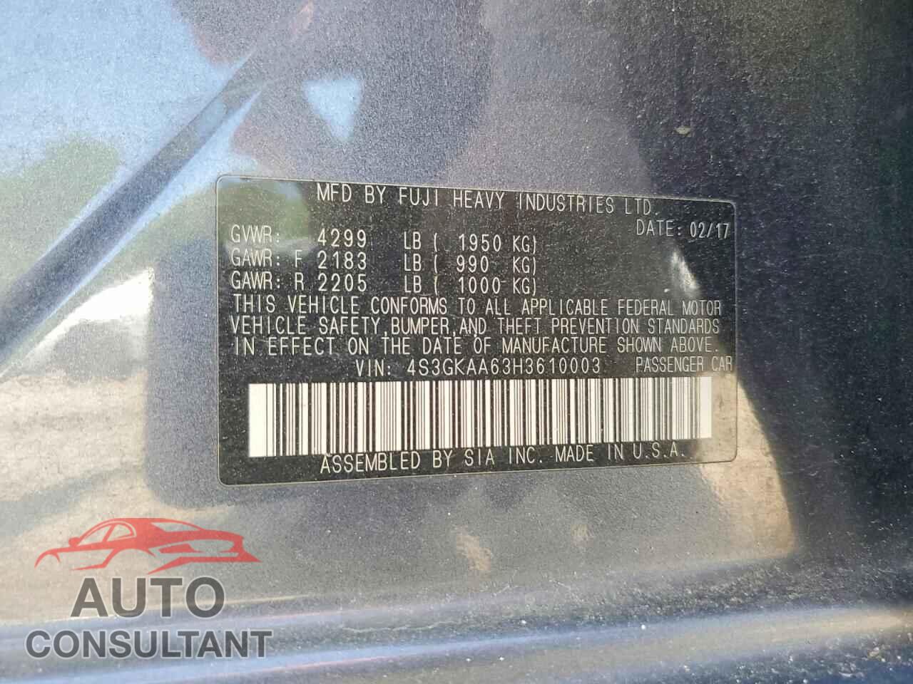 SUBARU IMPREZA 2017 - 4S3GKAA63H3610003