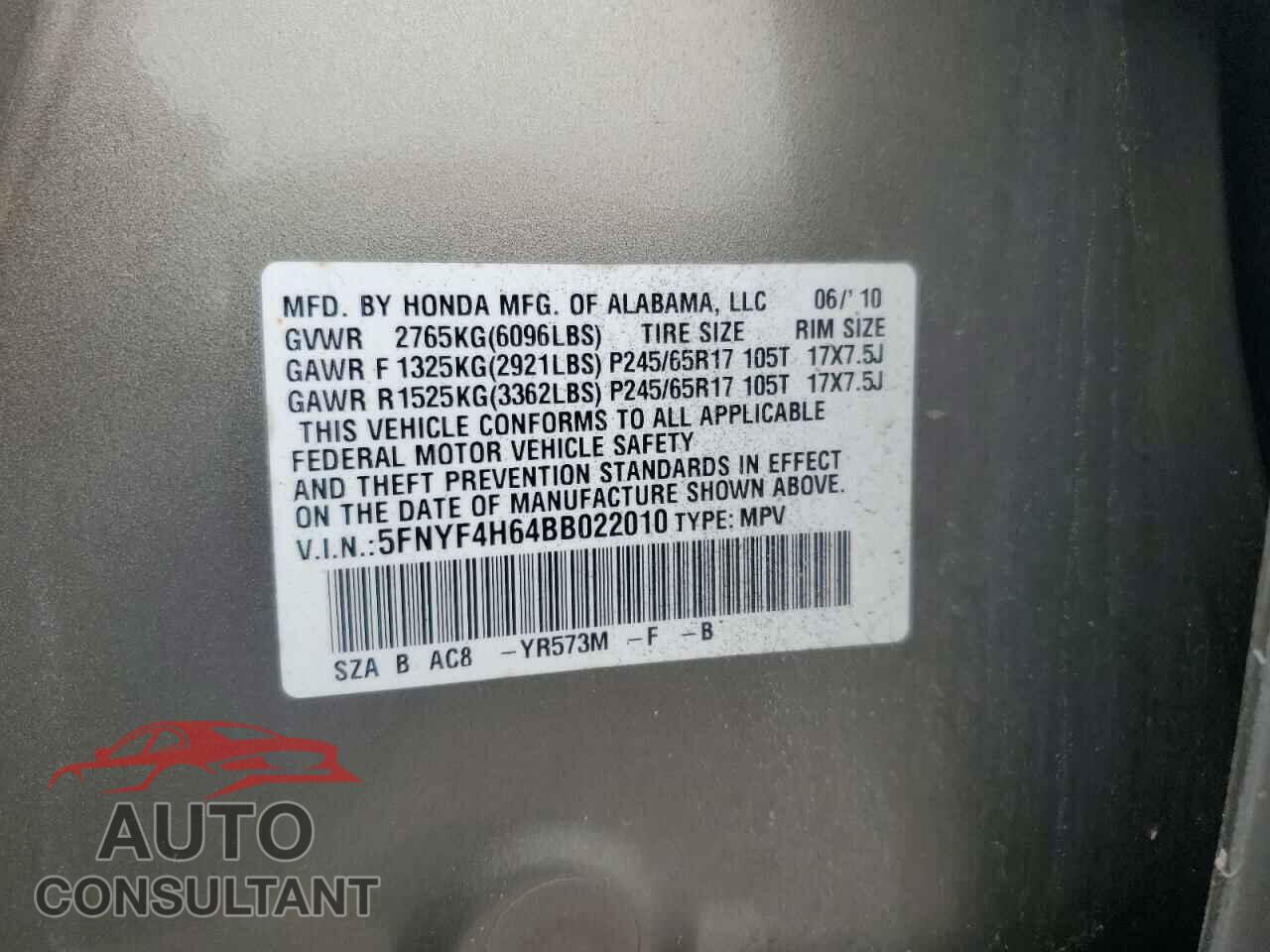 HONDA PILOT 2011 - 5FNYF4H64BB022010