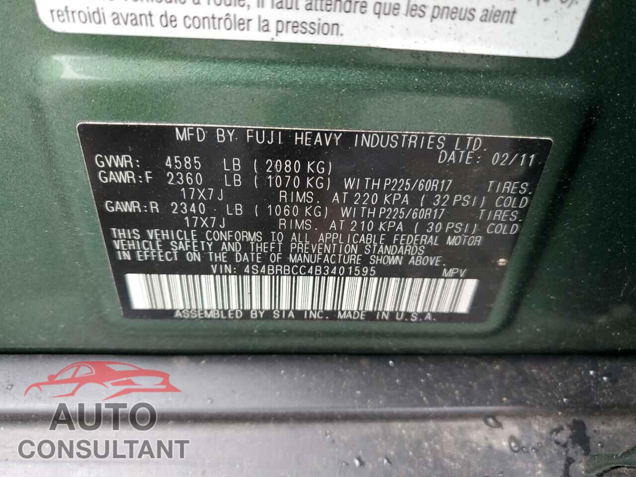 SUBARU OUTBACK 2011 - 4S4BRBCC4B3401595