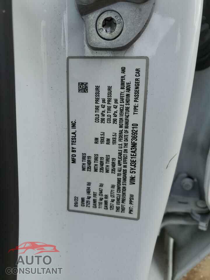 TESLA MODEL 3 2022 - 5YJ3E1EA3NF369210