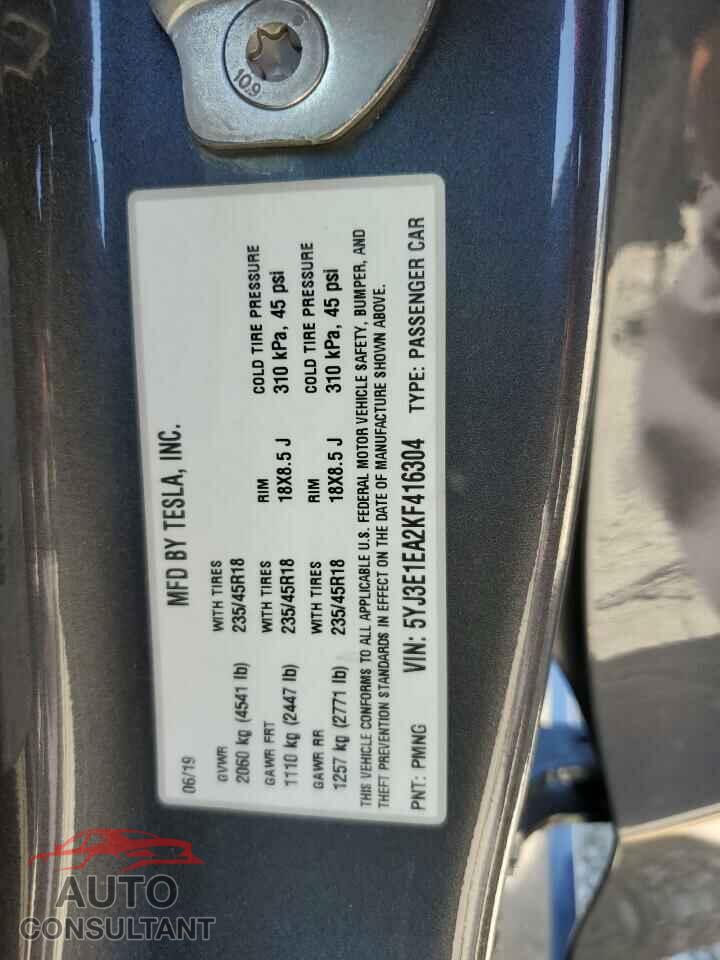 TESLA MODEL 3 2019 - 5YJ3E1EA2KF416304