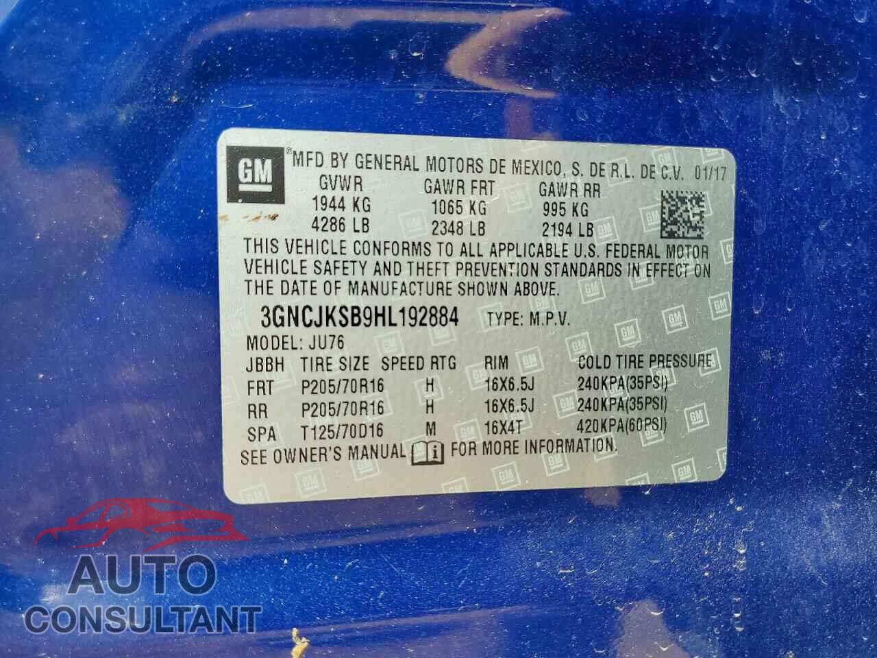CHEVROLET TRAX 2017 - 3GNCJKSB9HL192884