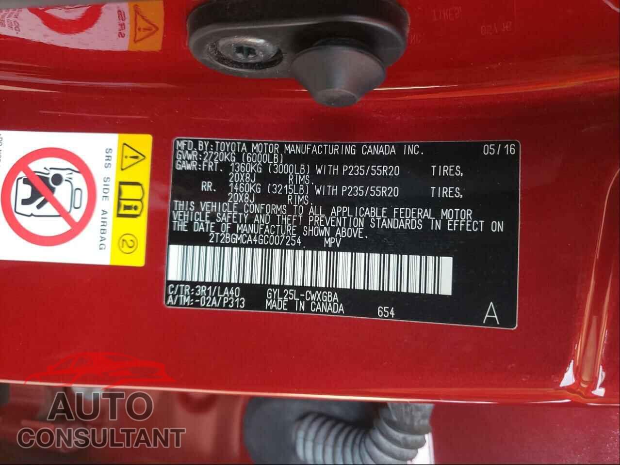 LEXUS RX450 2016 - 2T2BGMCA4GC007254