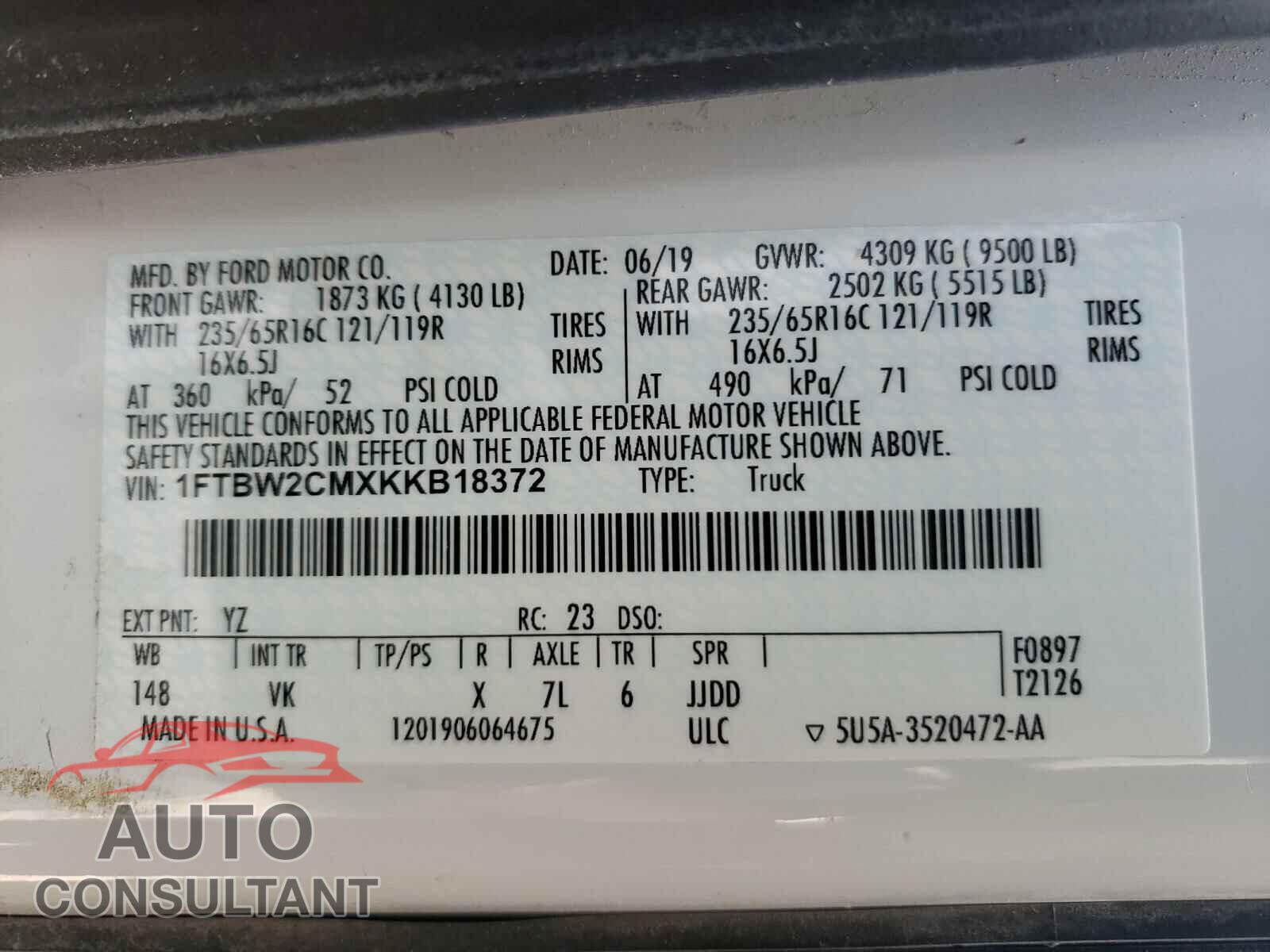 FORD TRANSIT CO 2019 - 1FTBW2CMXKKB18372
