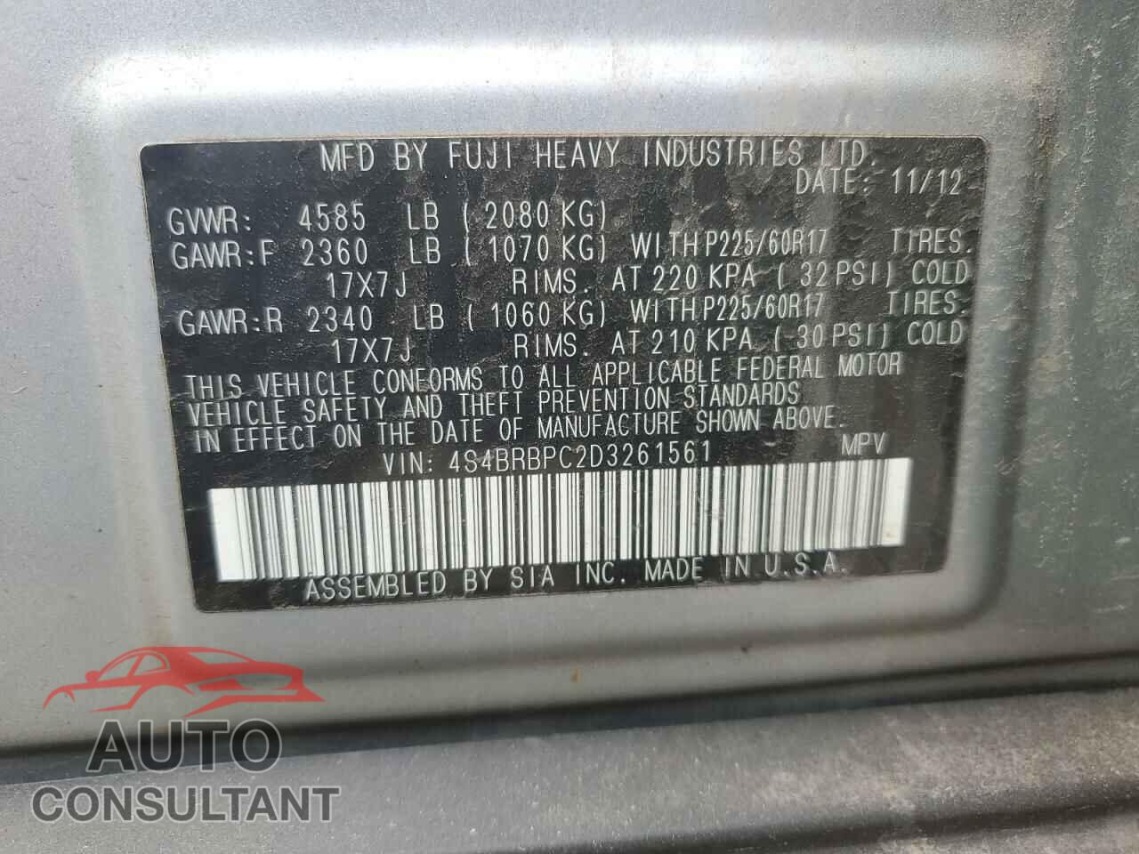 SUBARU OUTBACK 2013 - 4S4BRBPC2D3261561