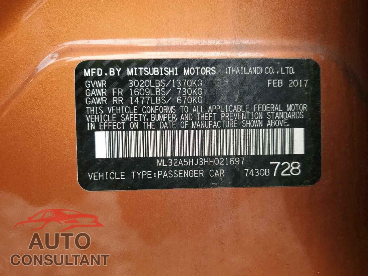 MITSUBISHI MIRAGE 2017 - ML32A5HJ3HH021697