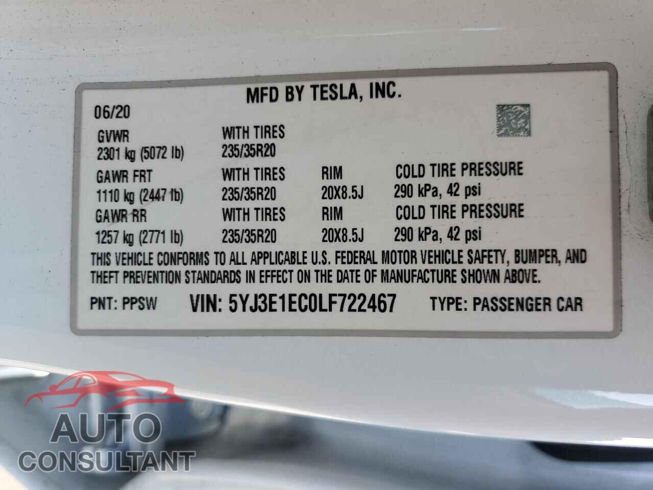 TESLA MODEL 3 2020 - 5YJ3E1EC0LF722467