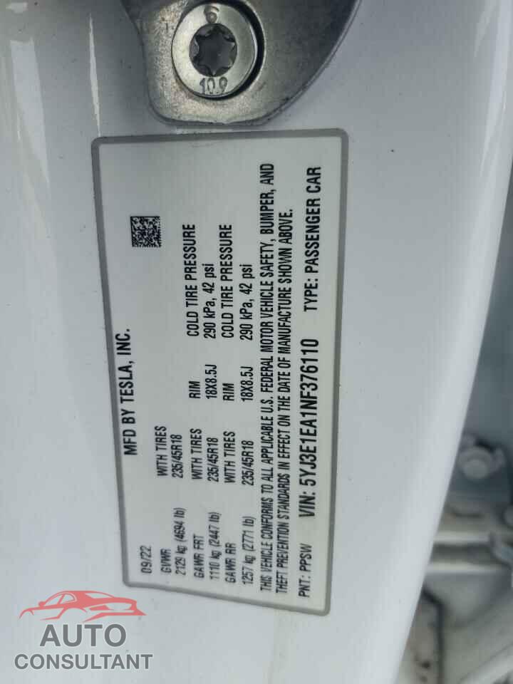 TESLA MODEL 3 2022 - 5YJ3E1EA1NF376110
