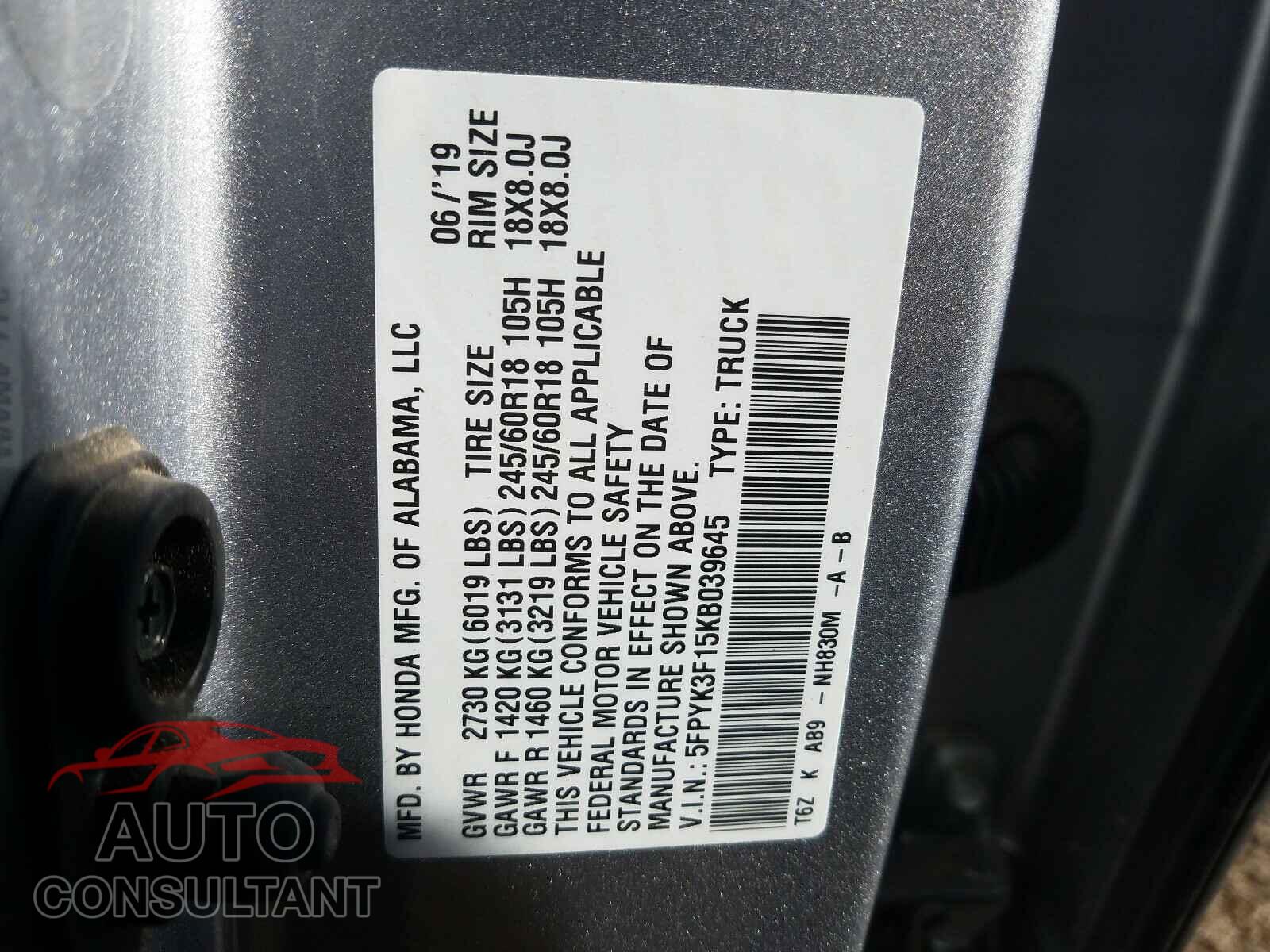 HONDA RIDGELINE 2019 - 5FPYK3F15KB039645