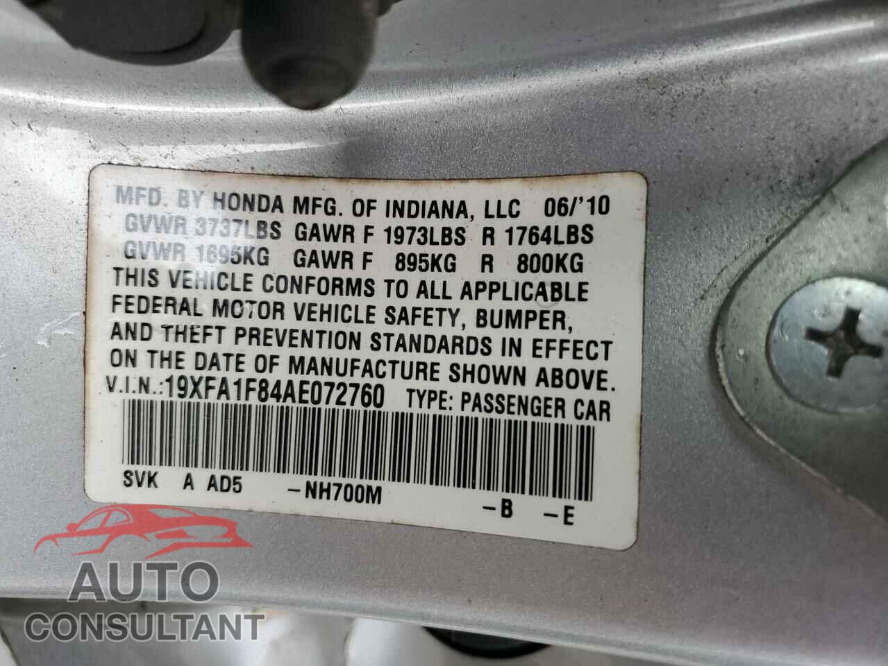 HONDA CIVIC 2010 - 19XFA1F84AE072760