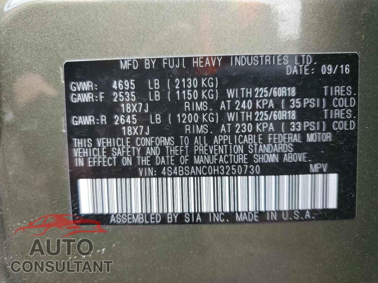 SUBARU OUTBACK 2017 - 4S4BSANC0H3250730