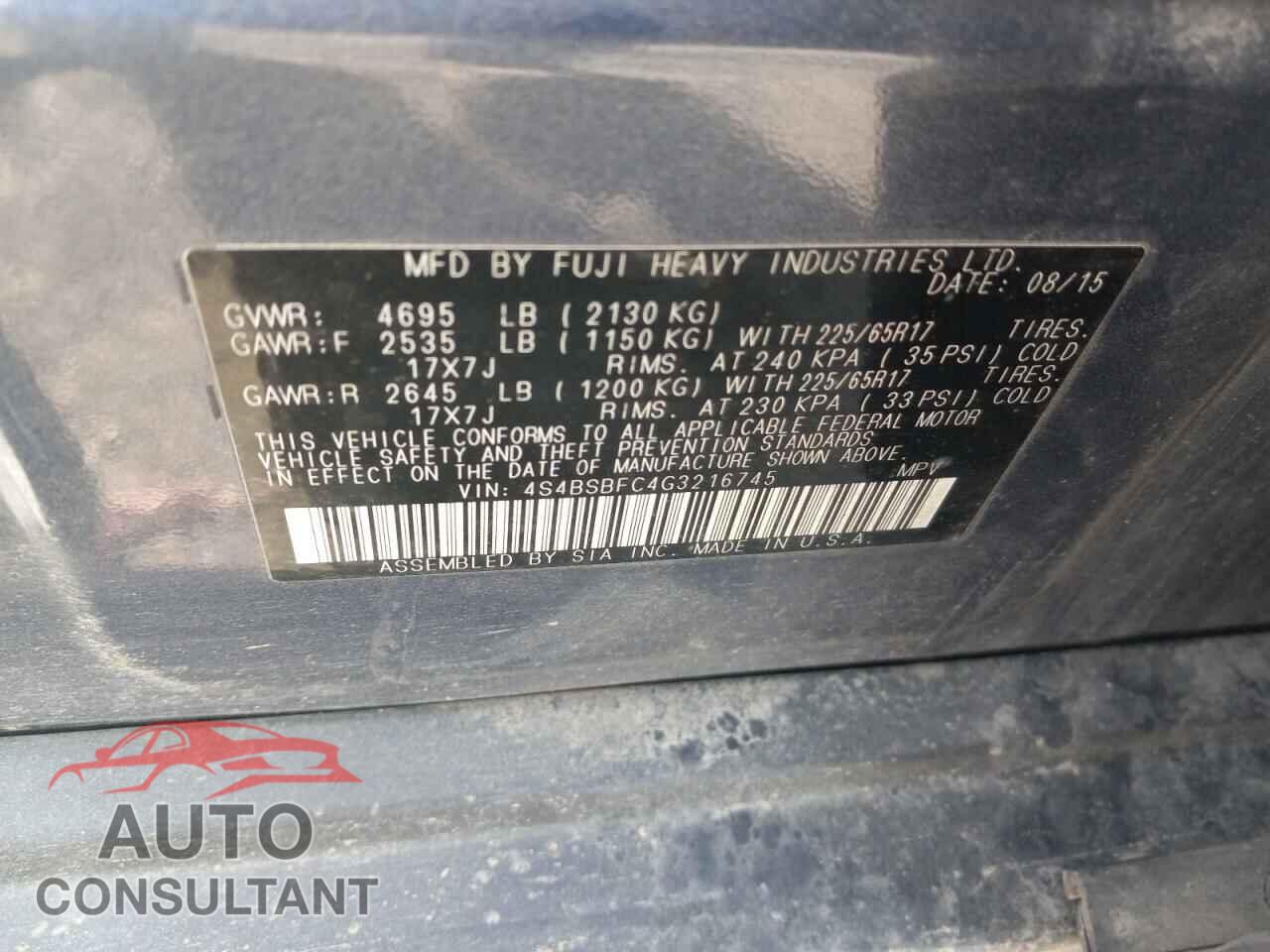 SUBARU OUTBACK 2016 - 4S4BSBFC4G3216745
