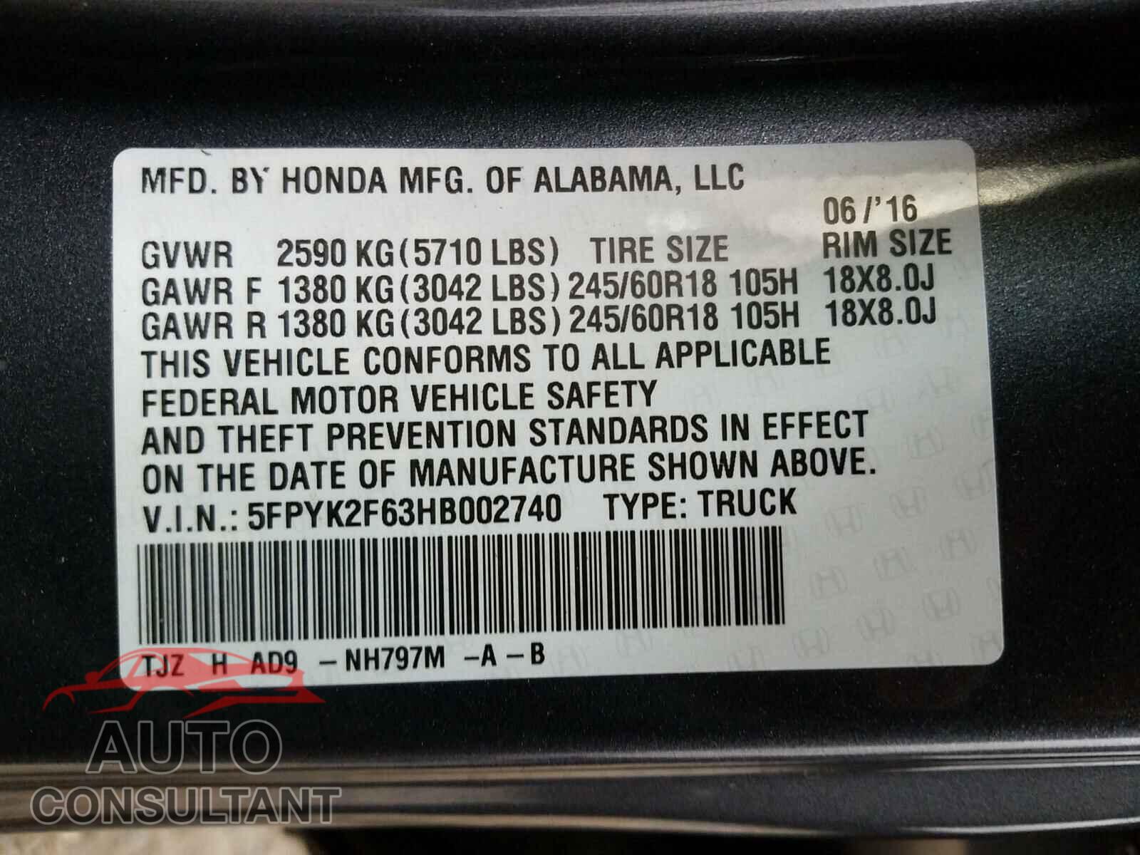 HONDA RIDGELINE 2017 - 5FPYK2F63HB002740