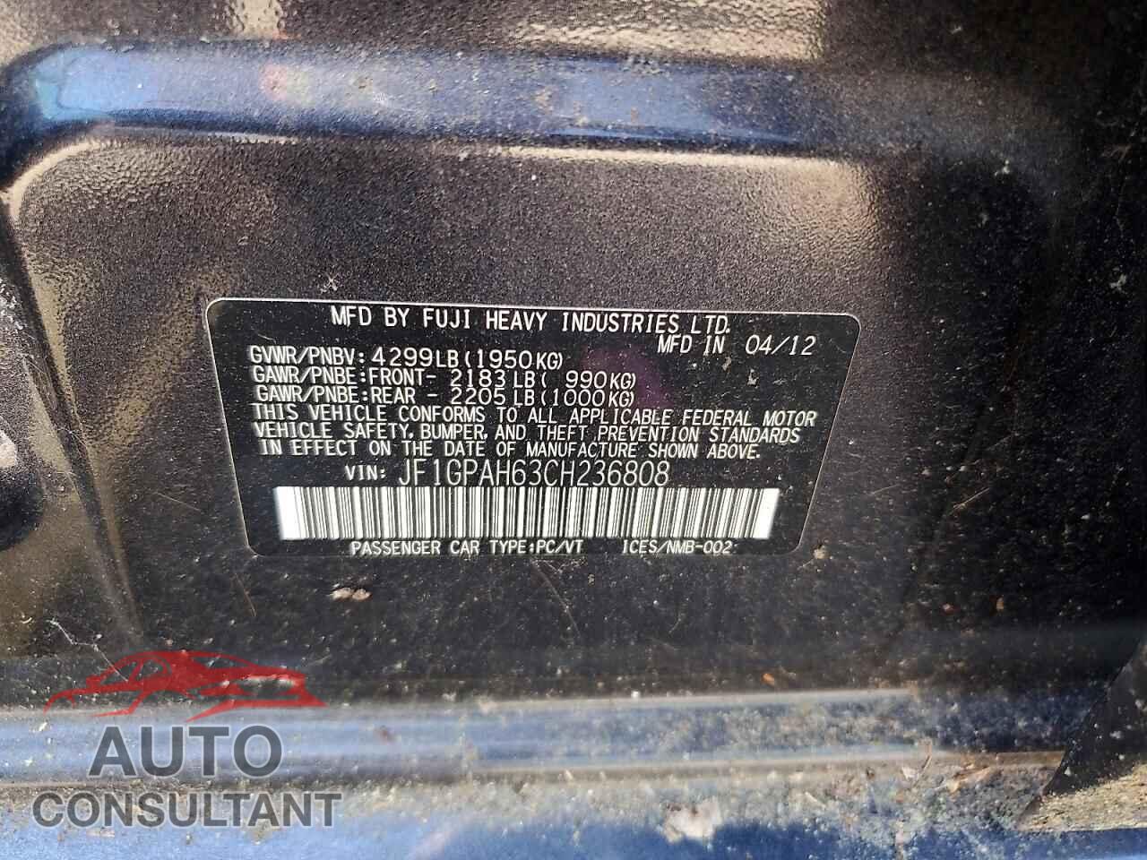 SUBARU IMPREZA 2012 - JF1GPAH63CH236808
