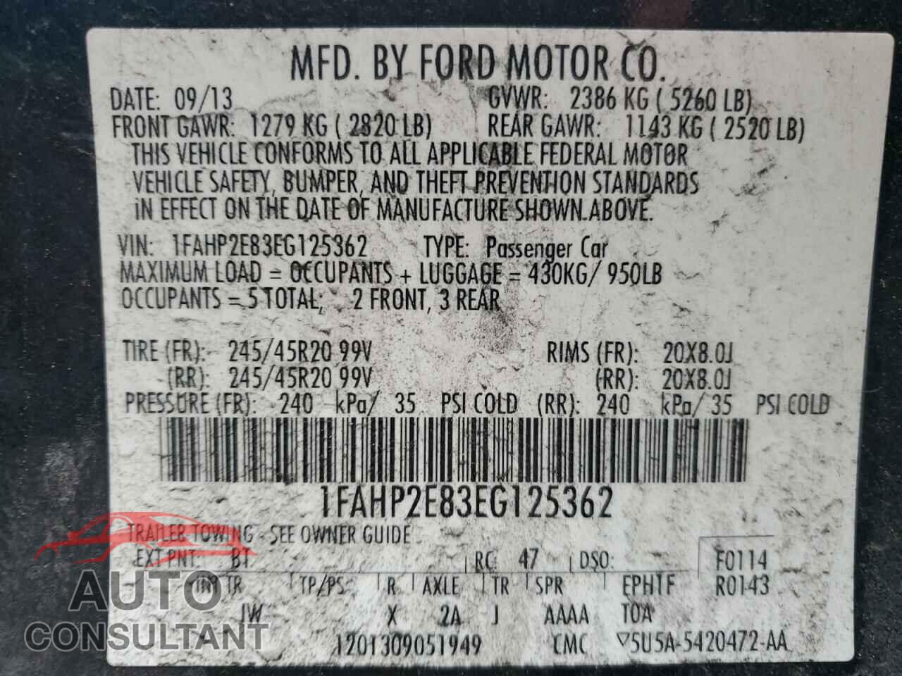 FORD TAURUS 2014 - 1FAHP2E83EG125362