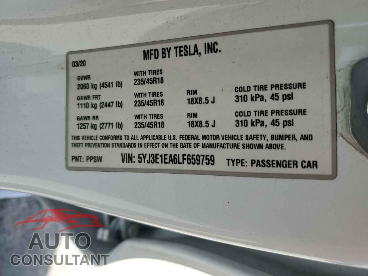 TESLA MODEL 3 2020 - 5YJ3E1EA6LF659759