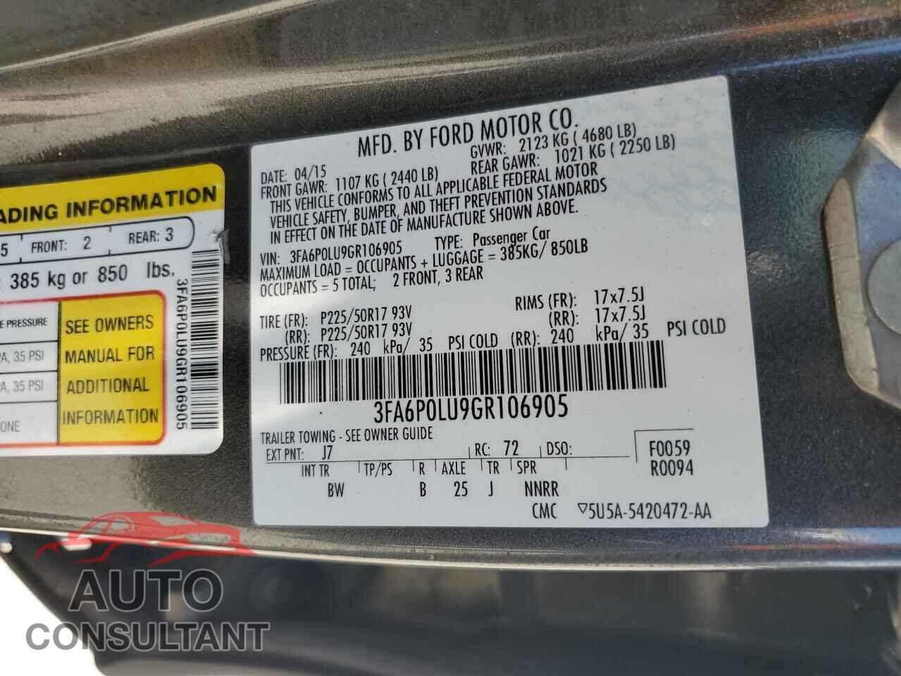 FORD FUSION 2016 - 3FA6P0LU9GR106905