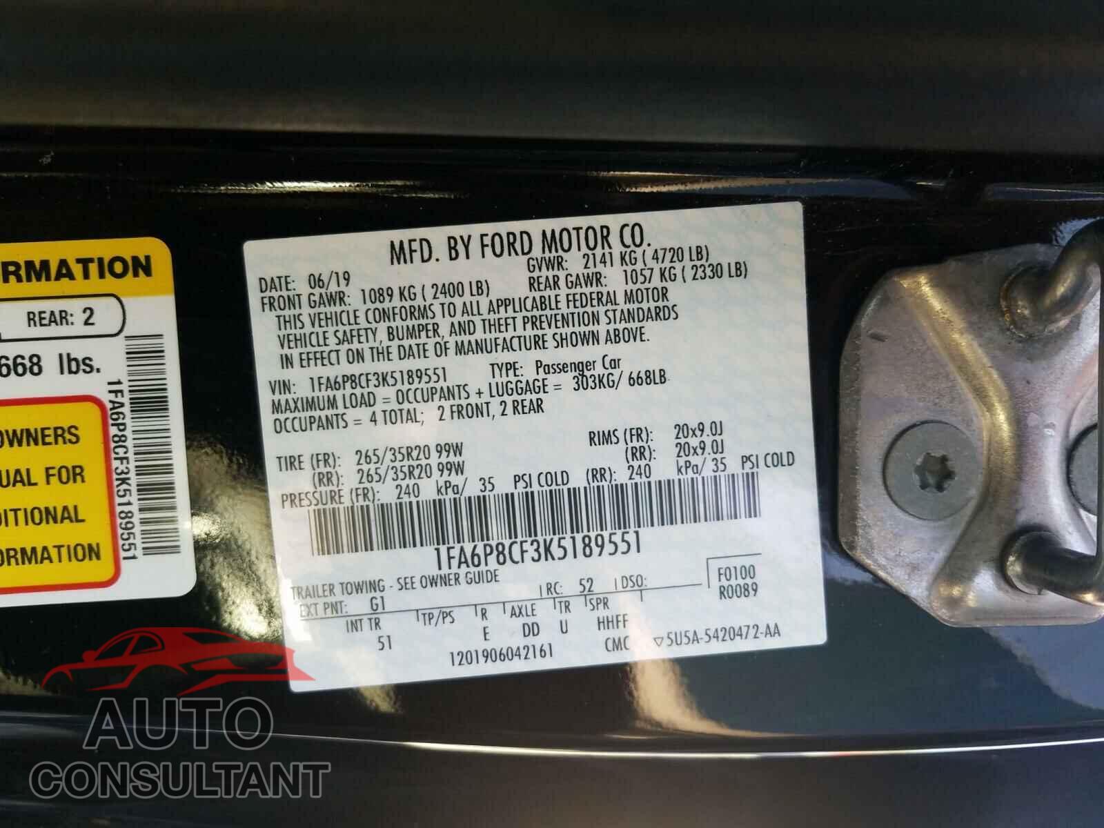 FORD MUSTANG 2019 - 1FA6P8CF3K5189551