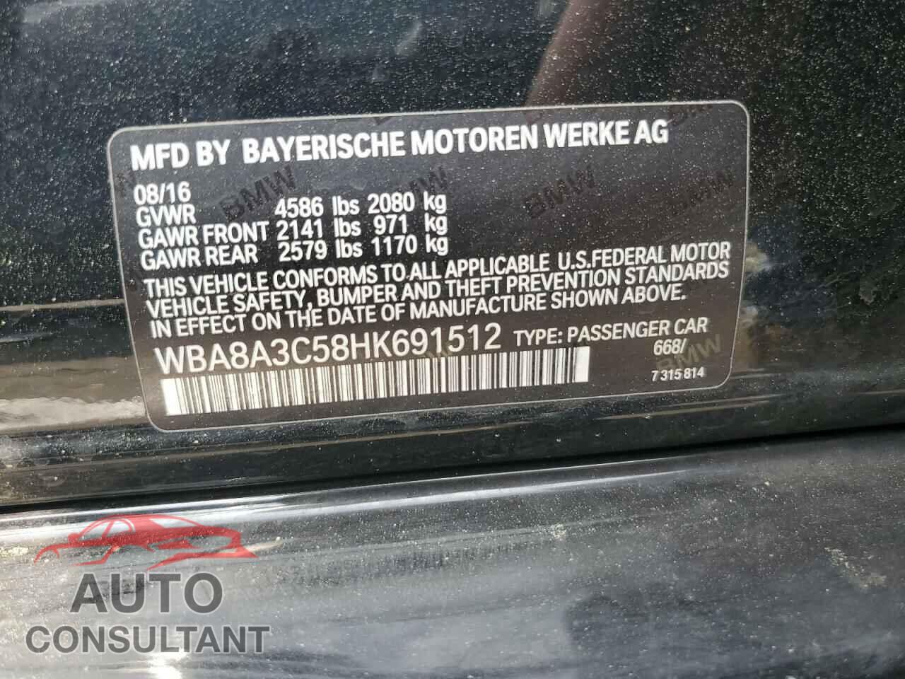 BMW 3 SERIES 2017 - WBA8A3C58HK691512