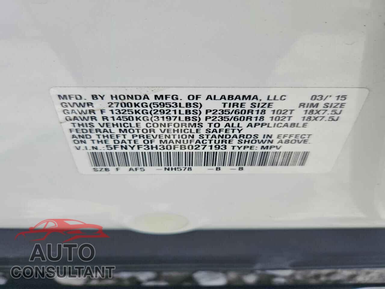 HONDA PILOT 2015 - 5FNYF3H30FB027193