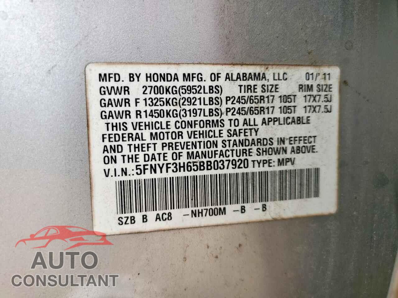 HONDA PILOT 2011 - 5FNYF3H65BB037920