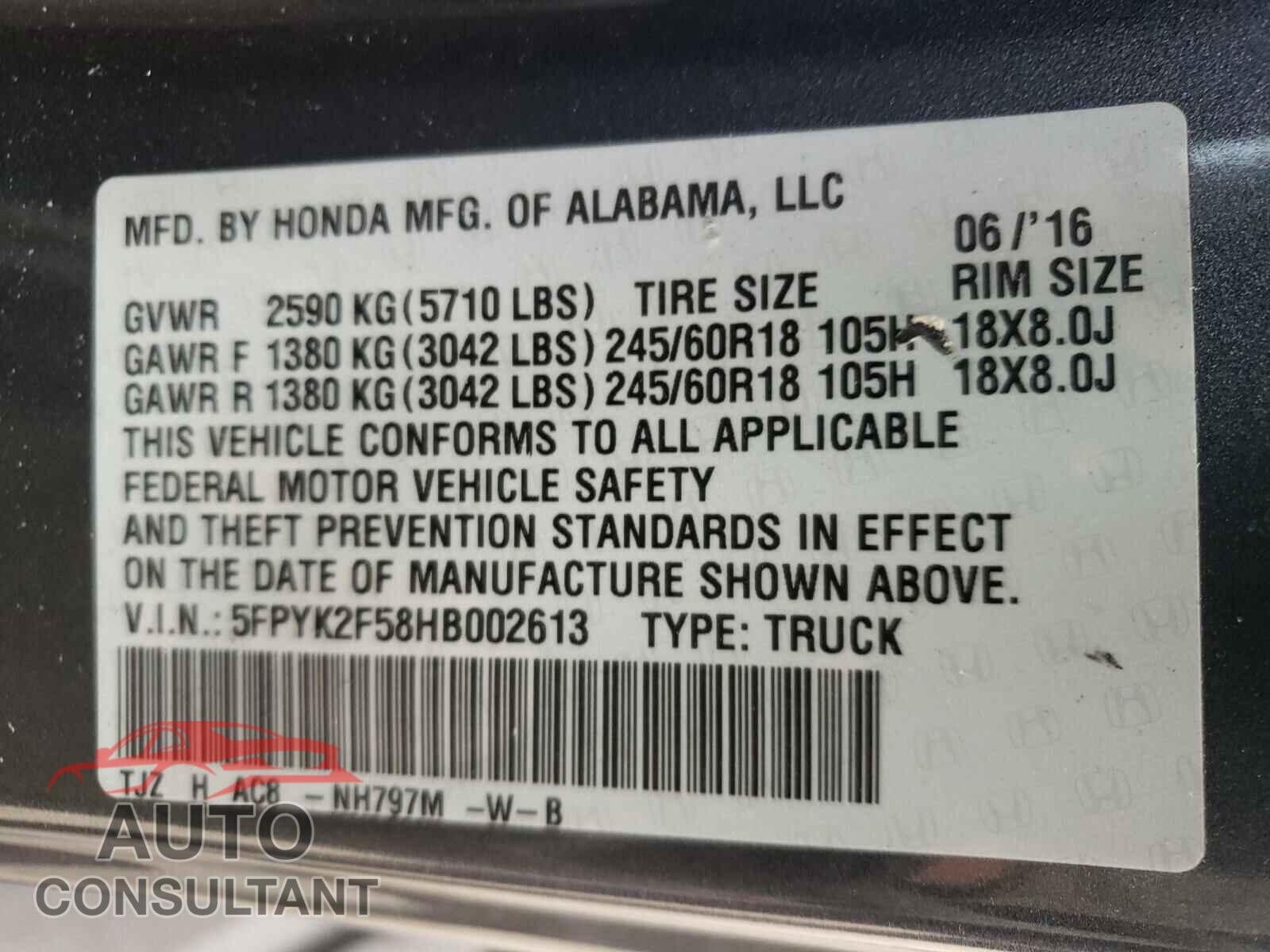 HONDA RIDGELINE 2017 - 5FPYK2F58HB002613