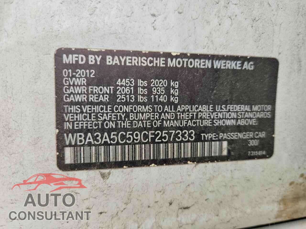 BMW 3 SERIES 2012 - WBA3A5C59CF257333