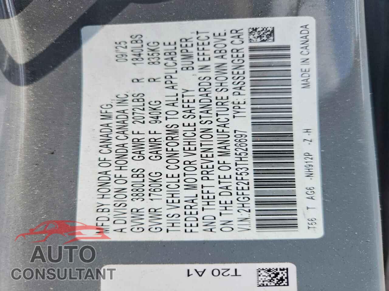 HONDA CIVIC 2026 - 2HGFE2F53TH526697