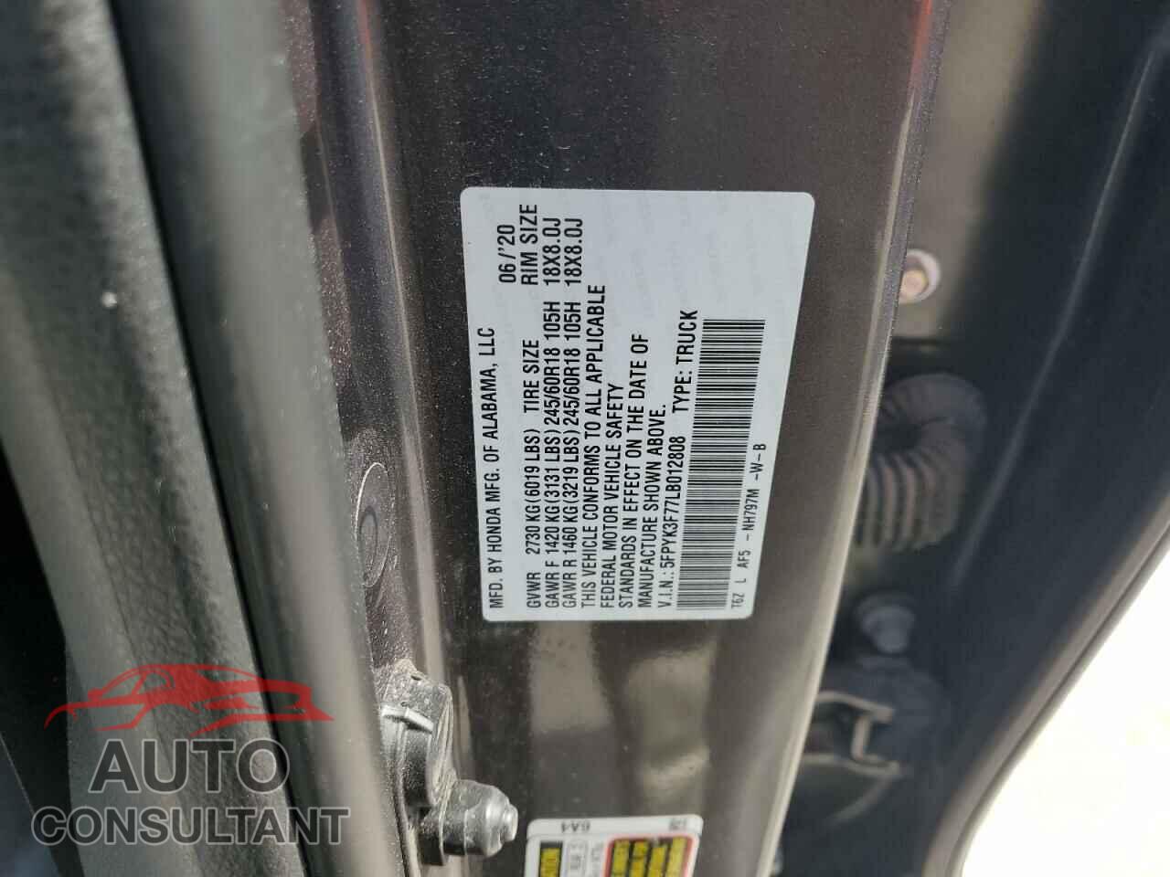 HONDA RIDGELINE 2020 - 5FPYK3F77LB012808