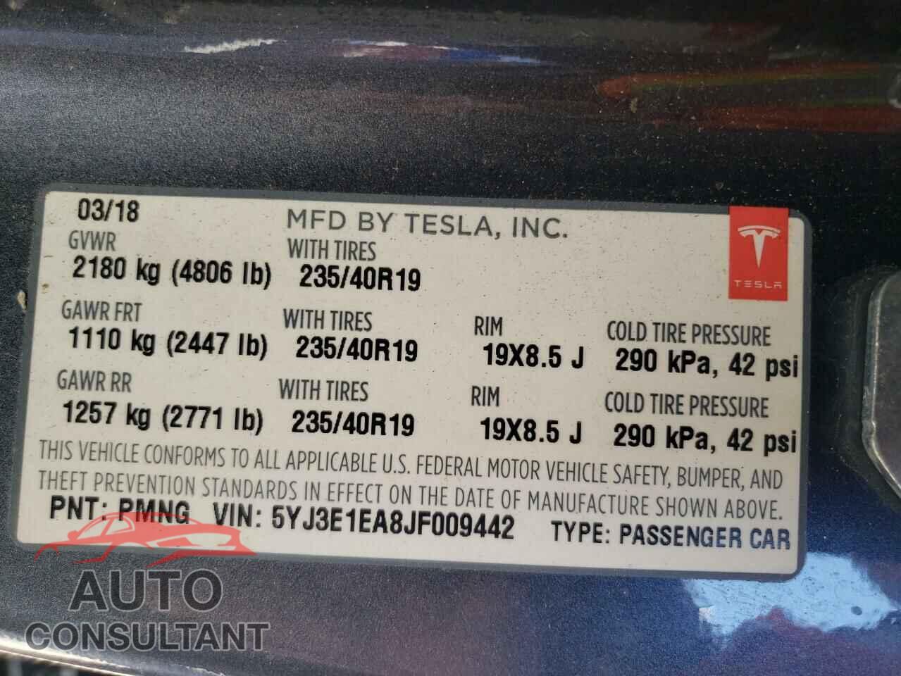 TESLA MODEL 3 2018 - 5YJ3E1EA8JF009442