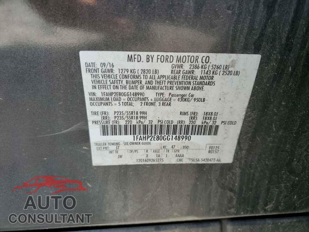 FORD TAURUS 2016 - 1FAHP2E80GG148990