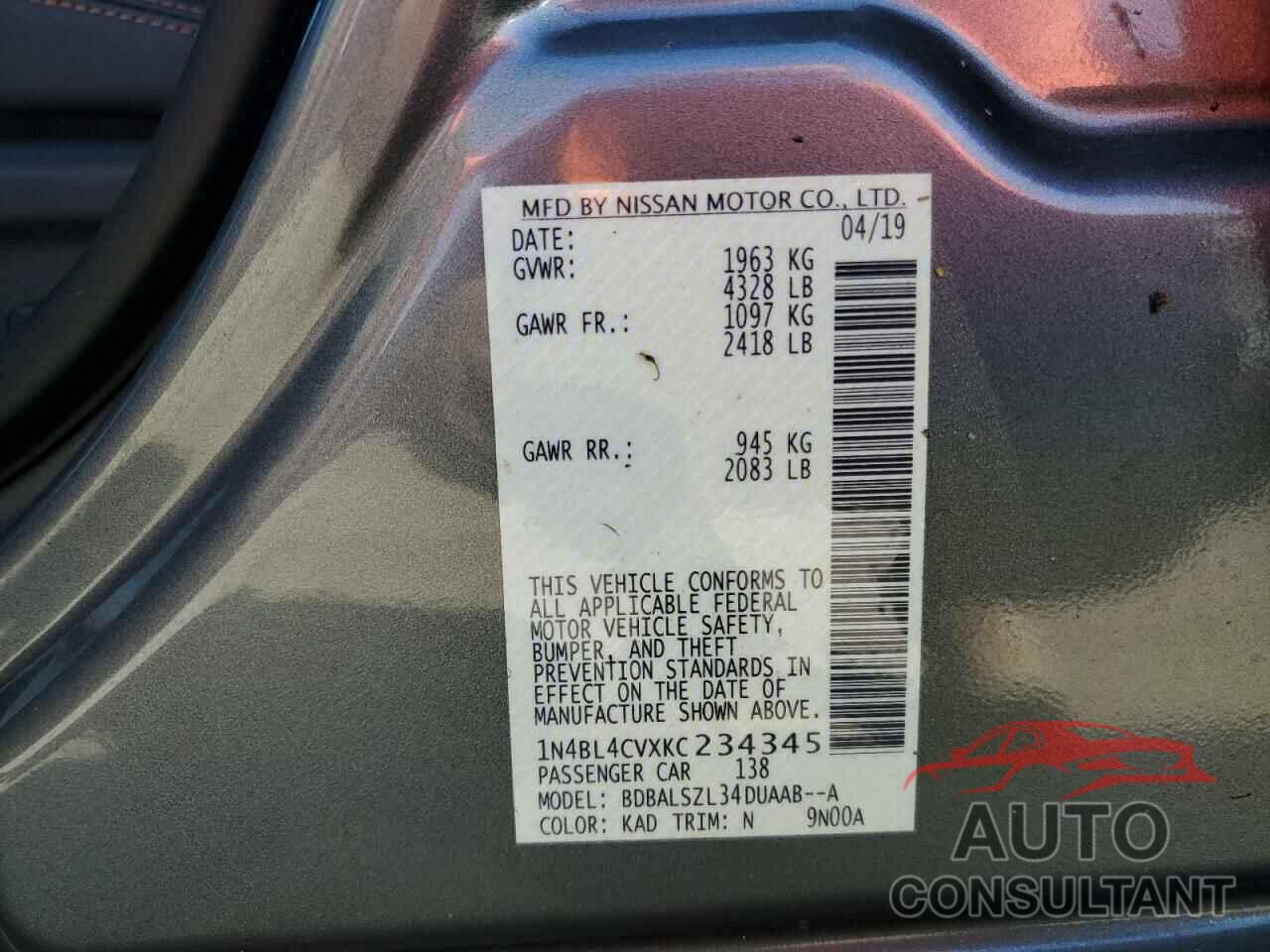 NISSAN ALTIMA 2019 - 1N4BL4CVXKC234345