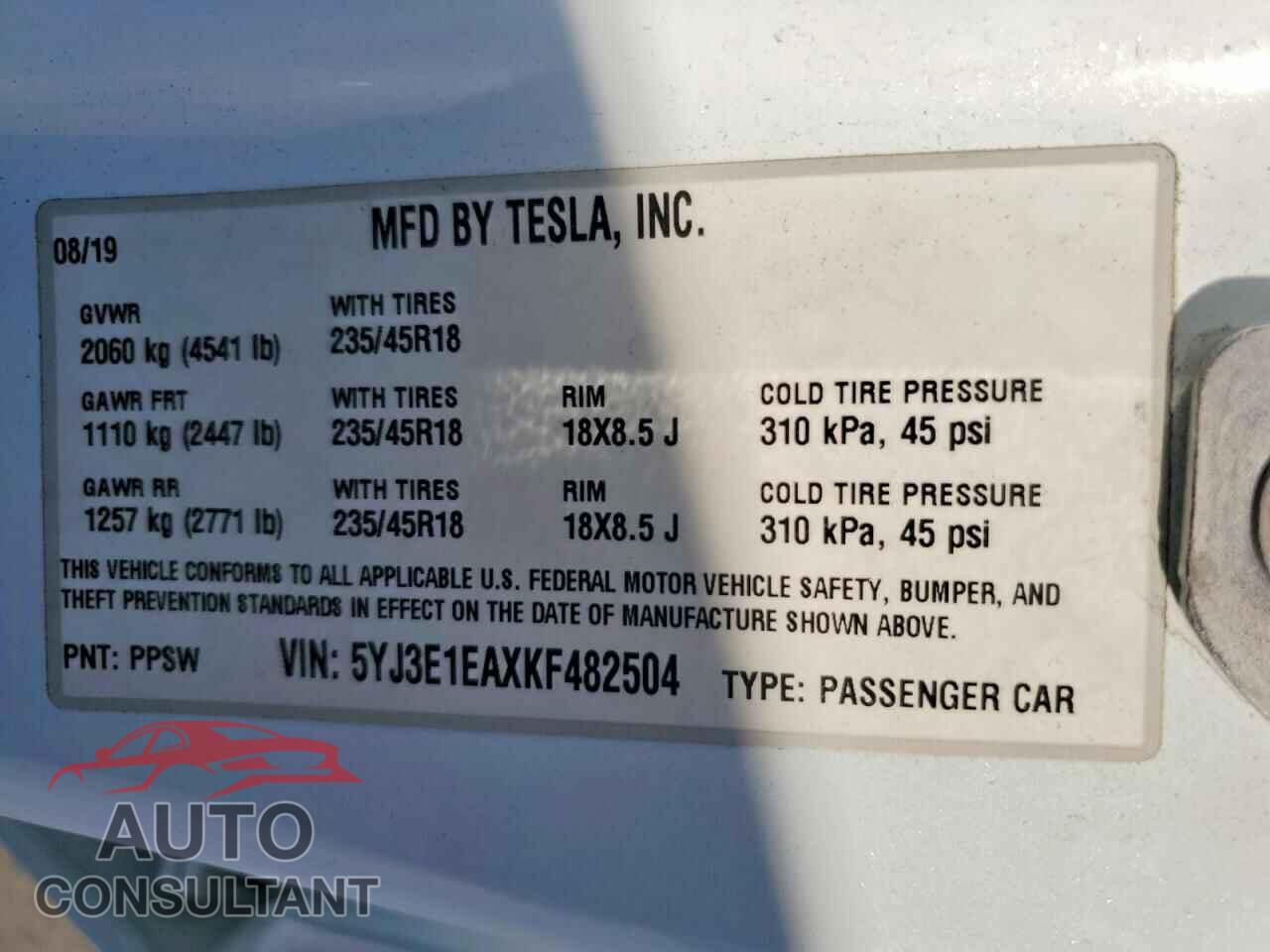 TESLA MODEL 3 2019 - 5YJ3E1EAXKF482504