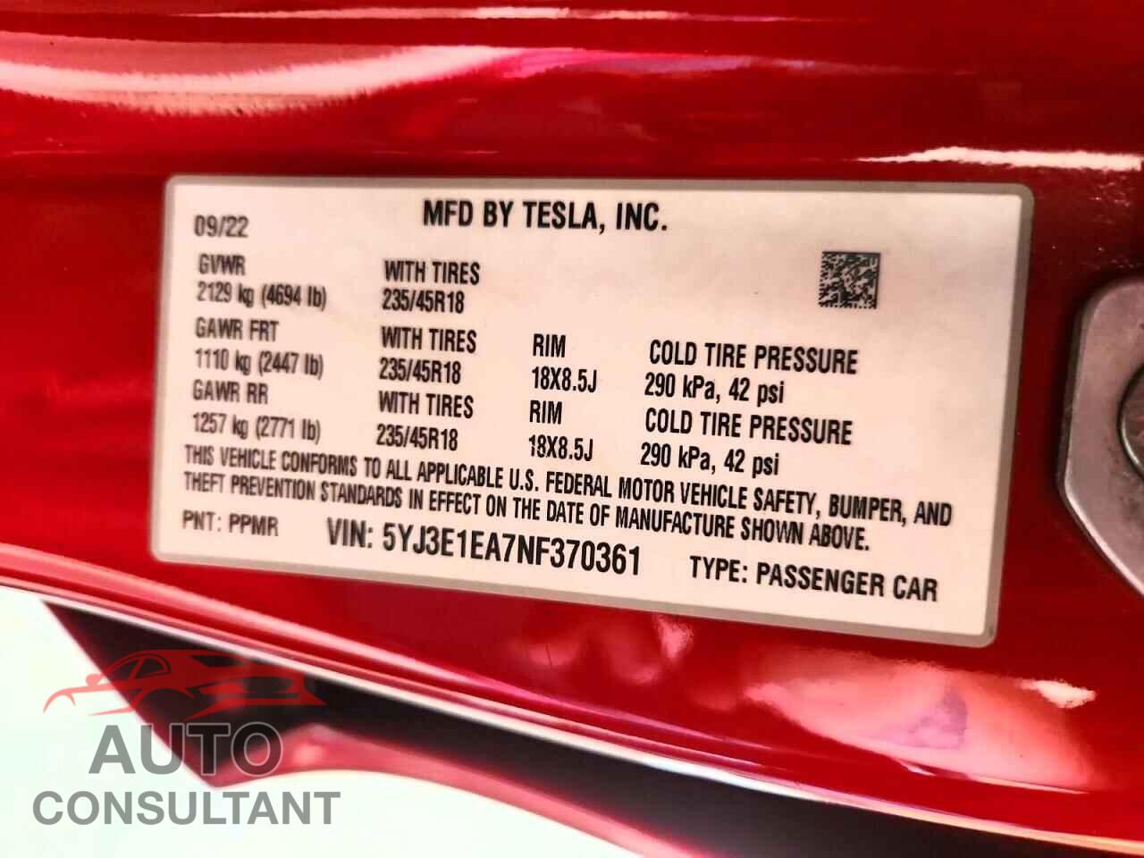 TESLA MODEL 3 2022 - 5YJ3E1EA7NF370361