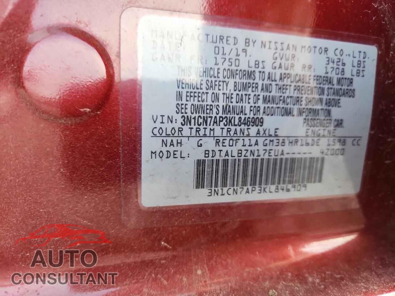 NISSAN VERSA 2019 - 3N1CN7AP3KL846909